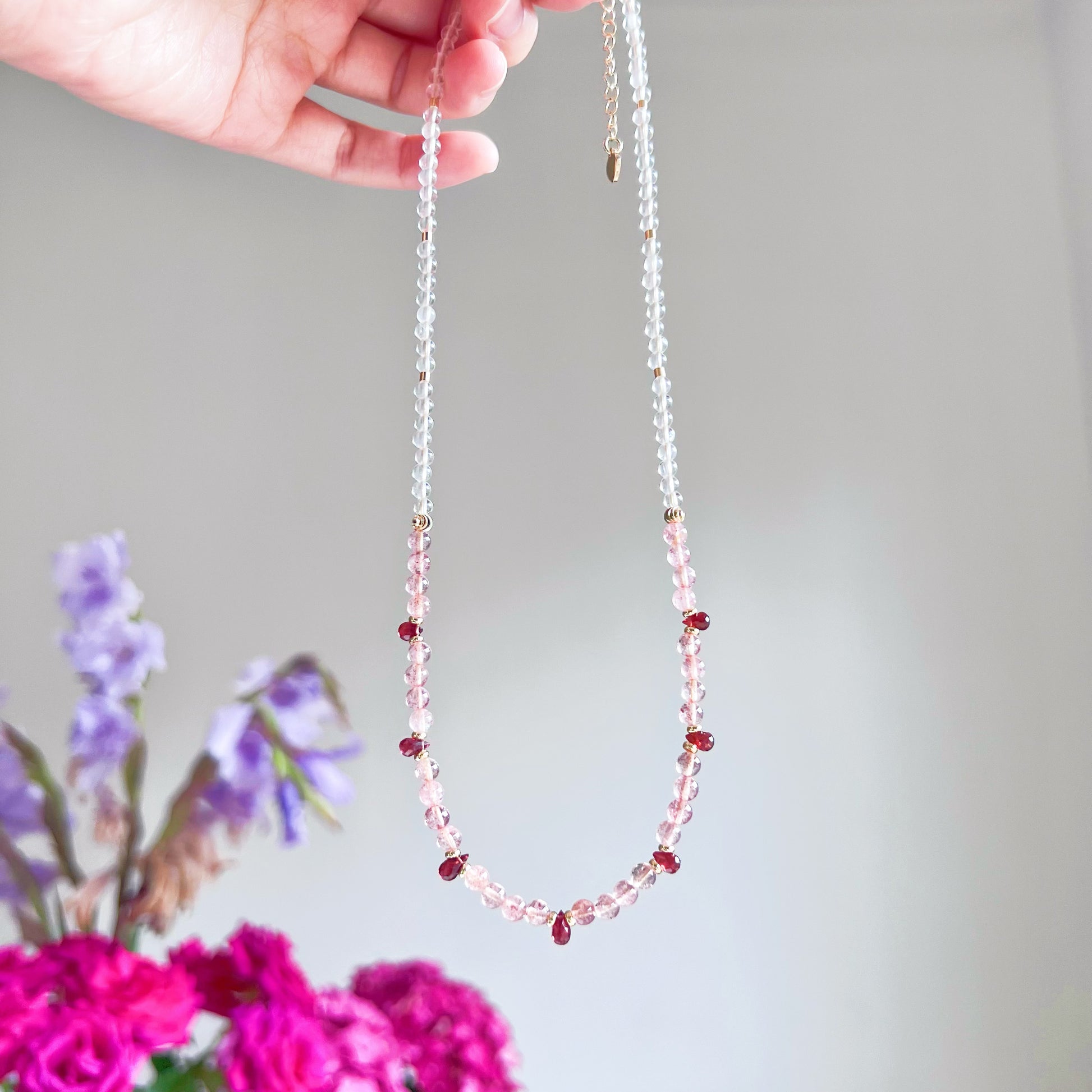 Garnet Teardrop and Strawberry Quartz Crystal Necklace-Ninaouity