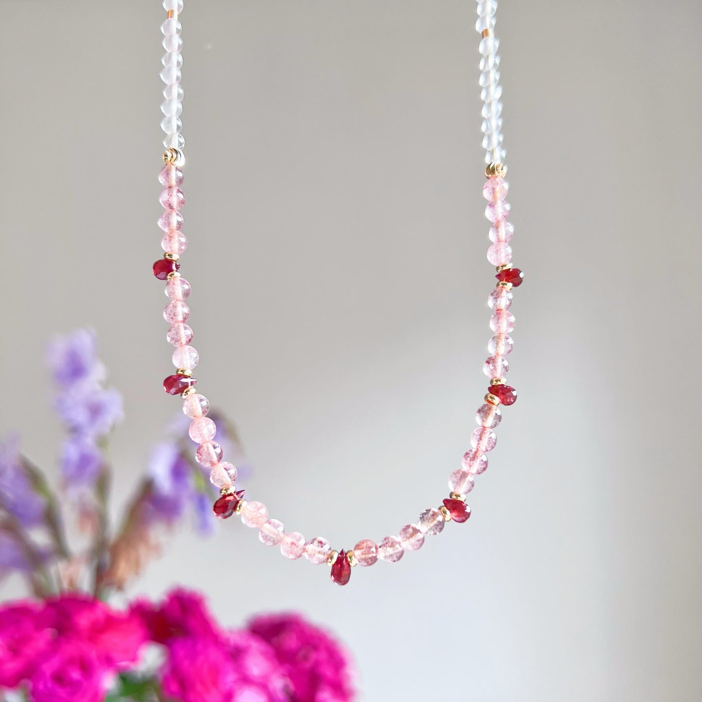 Garnet Teardrop and Strawberry Quartz Crystal Necklace-Ninaouity