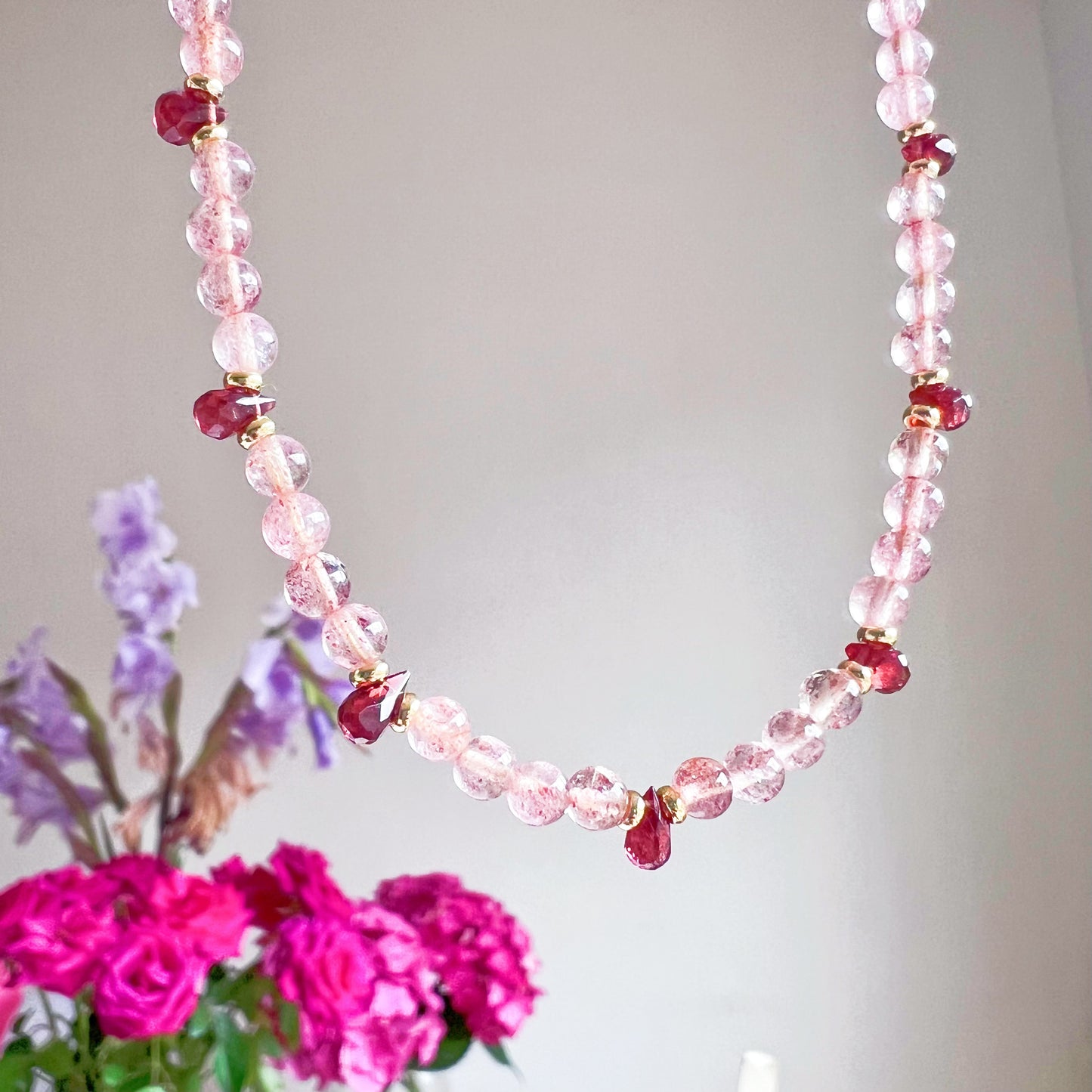 Garnet Teardrop and Strawberry Quartz Crystal Necklace-Ninaouity