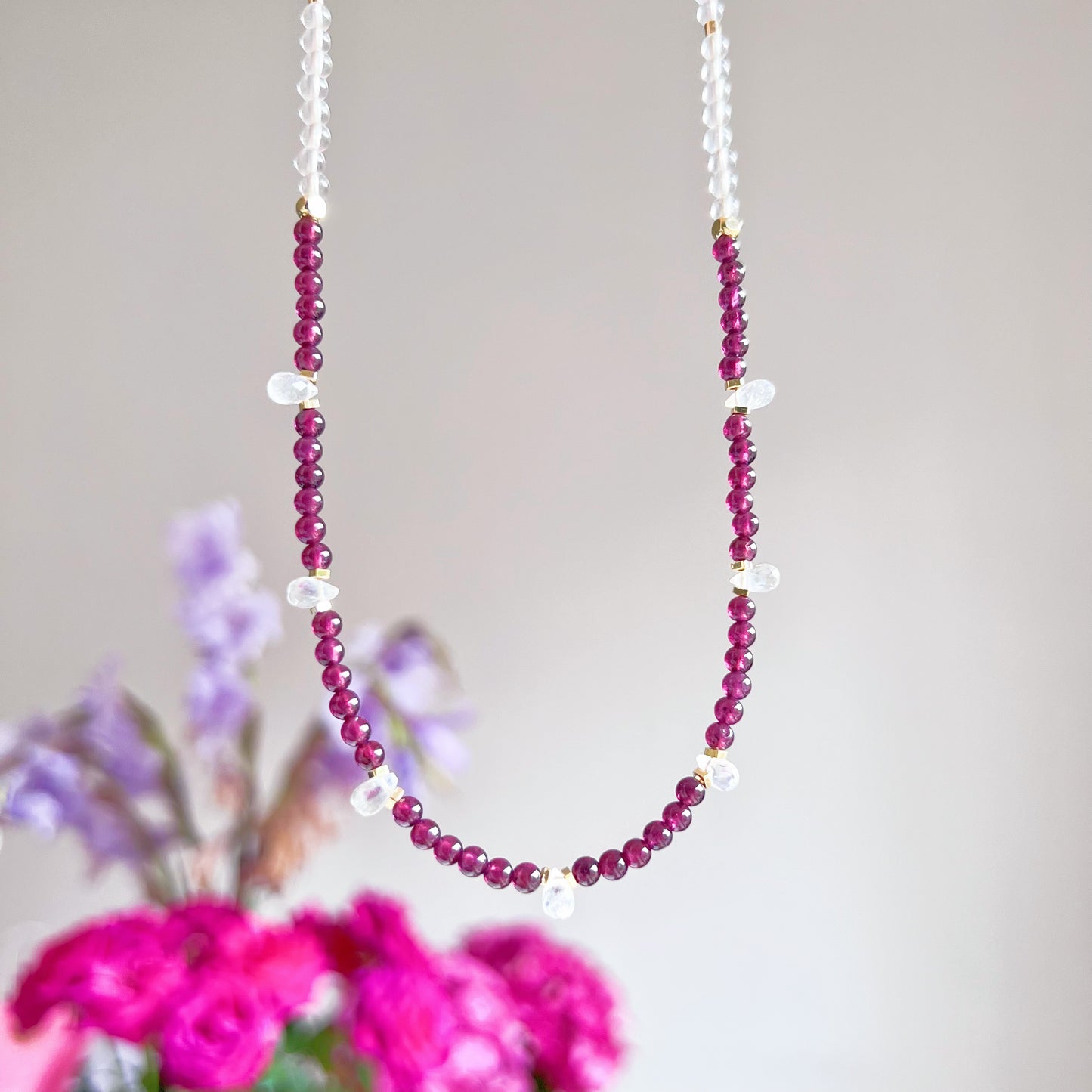 Garnet and Blue Moonstone Teardrop Crystal Necklace-Ninaouity