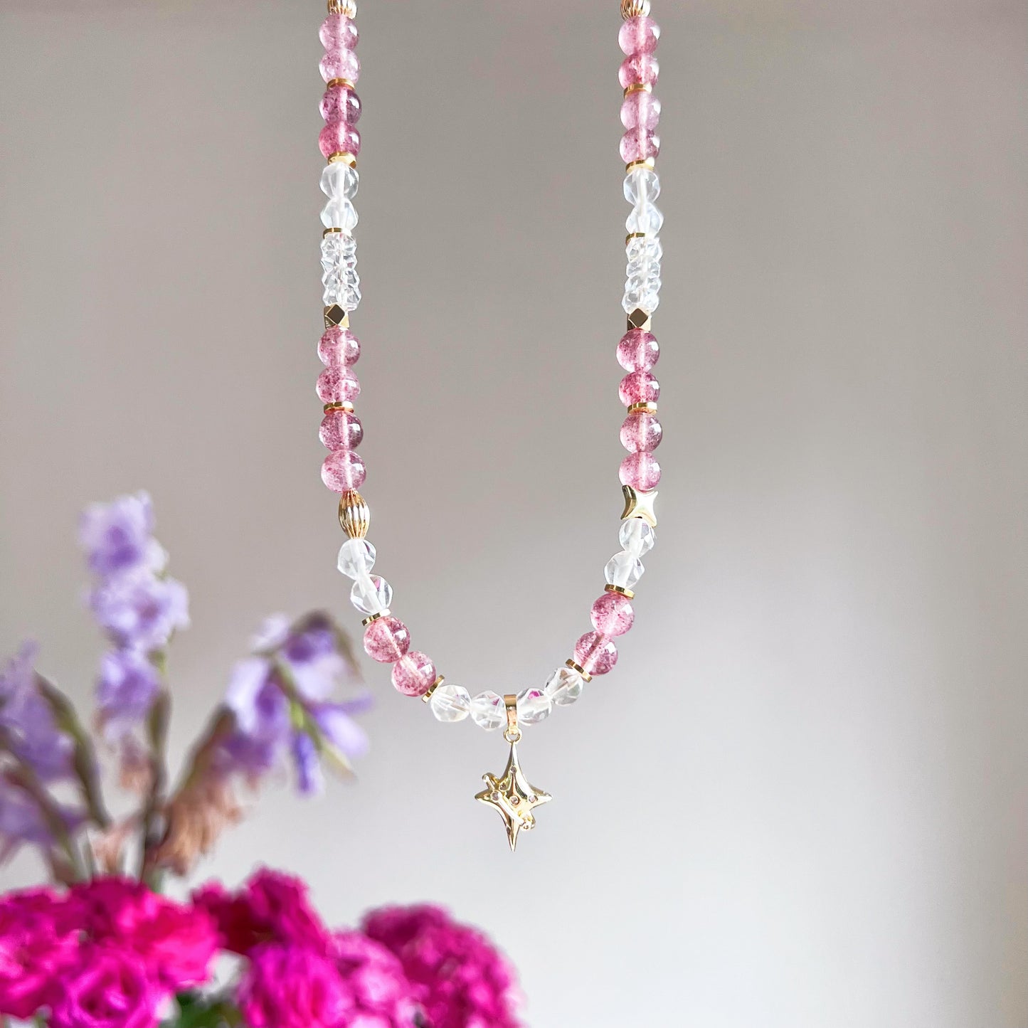 Strawberry Quartz and North Star Polaris Crystal Necklace-Ninaouity