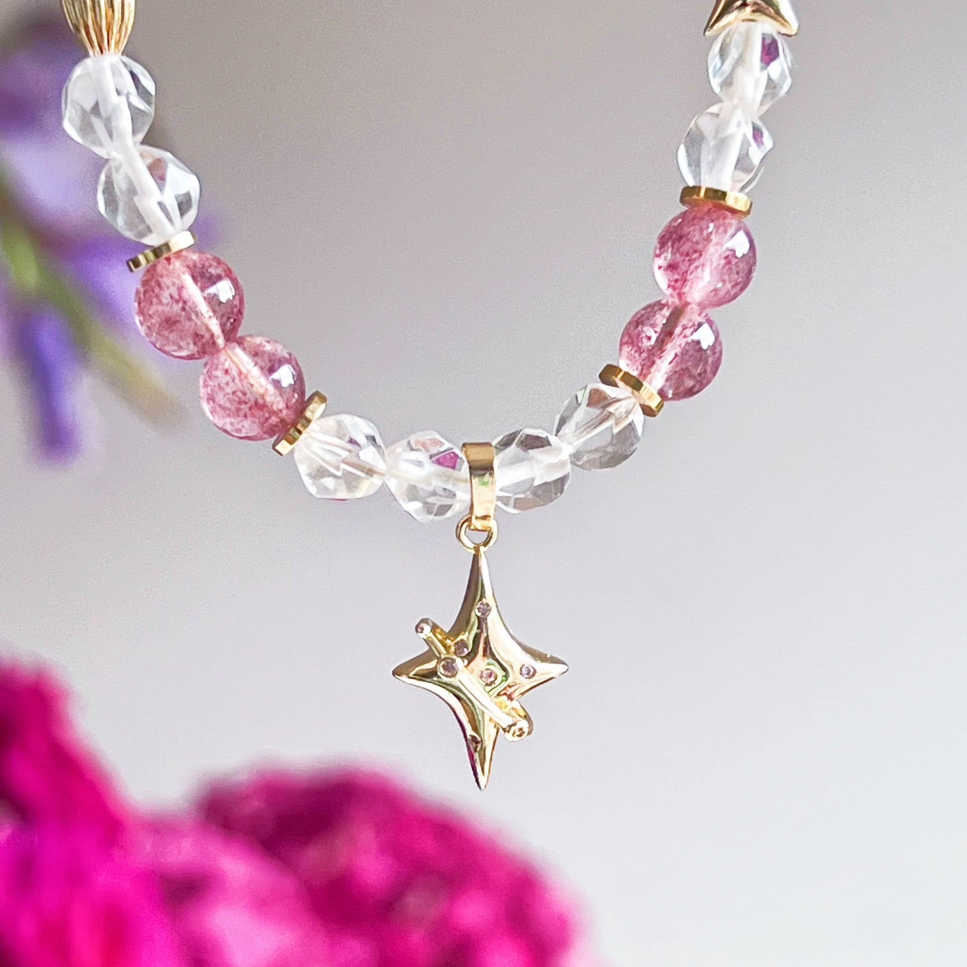 Strawberry Quartz and North Star Polaris Crystal Necklace-Ninaouity