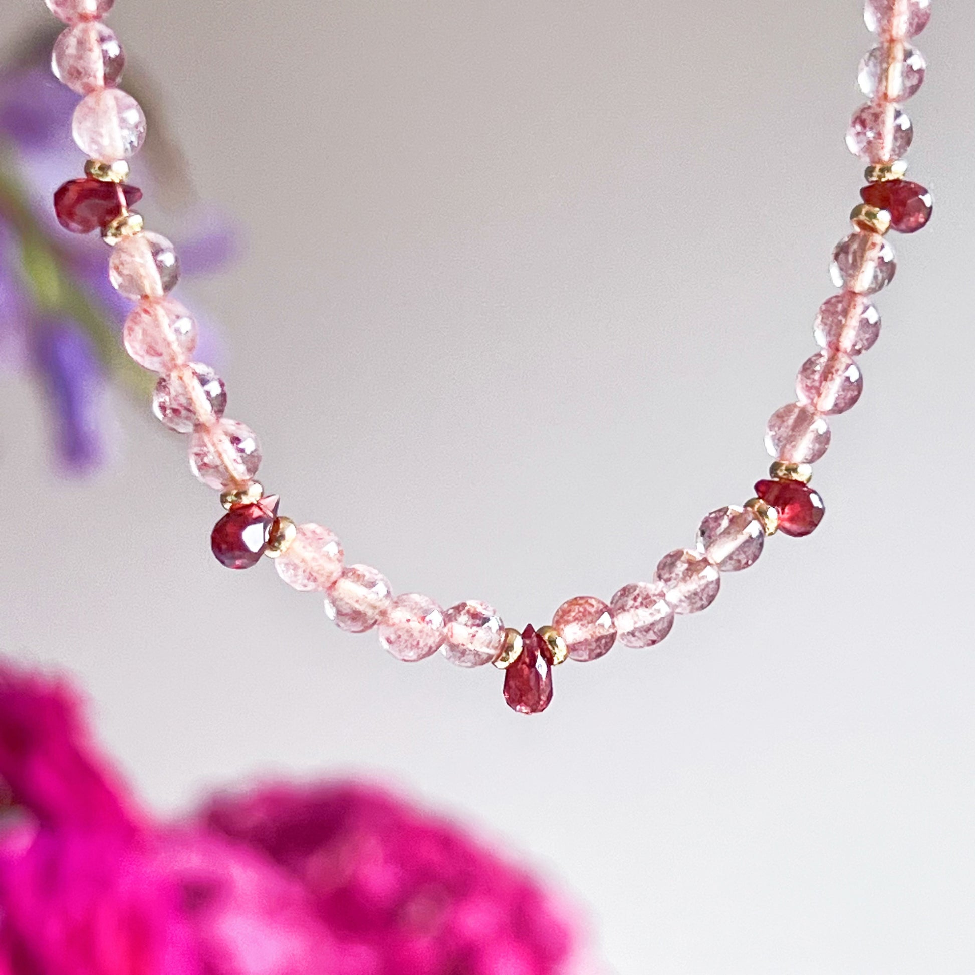 Garnet Teardrop and Strawberry Quartz Crystal Necklace-Ninaouity