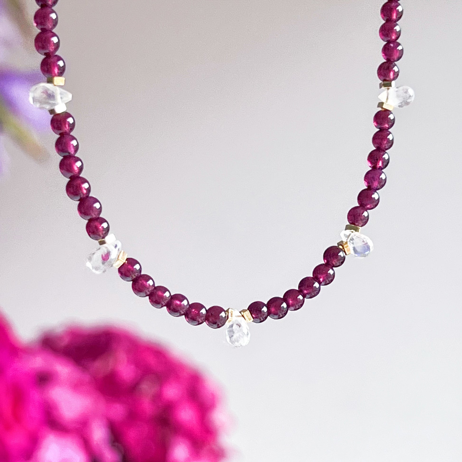 Garnet and Blue Moonstone Teardrop Crystal Necklace-Ninaouity