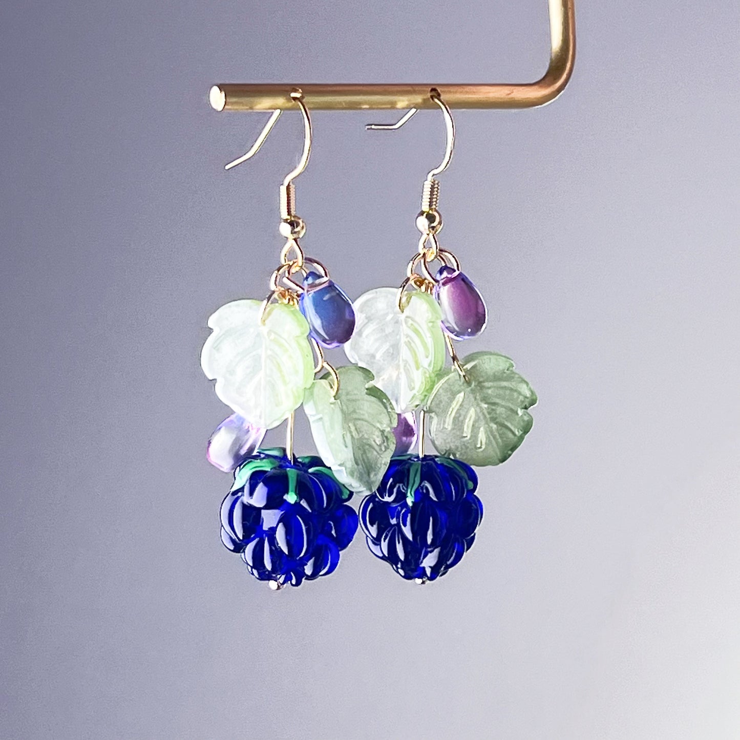 Handcraft Glass Blueberry and Leaves Earrings-Ninaouity