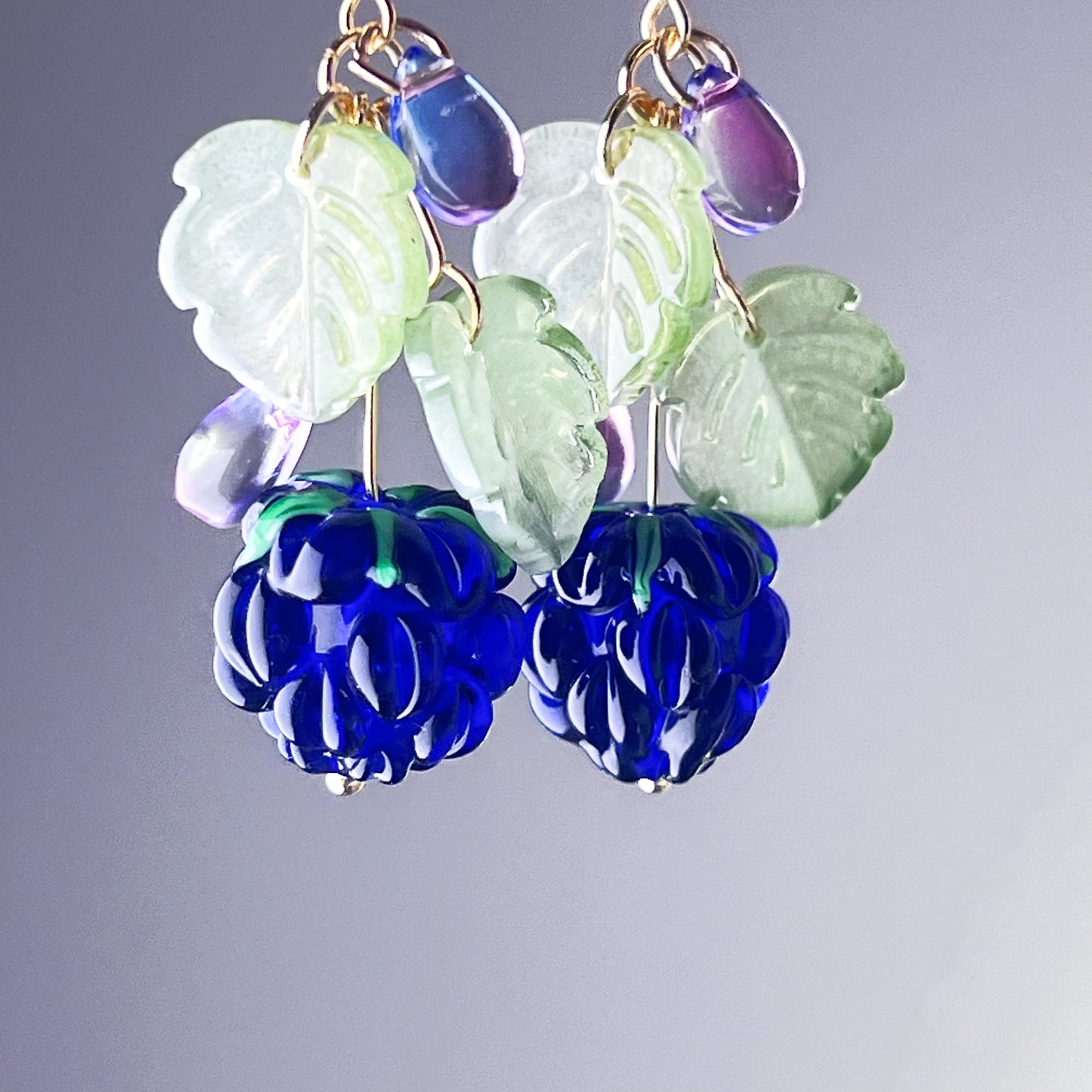 Handcraft Glass Blueberry and Leaves Earrings-Ninaouity