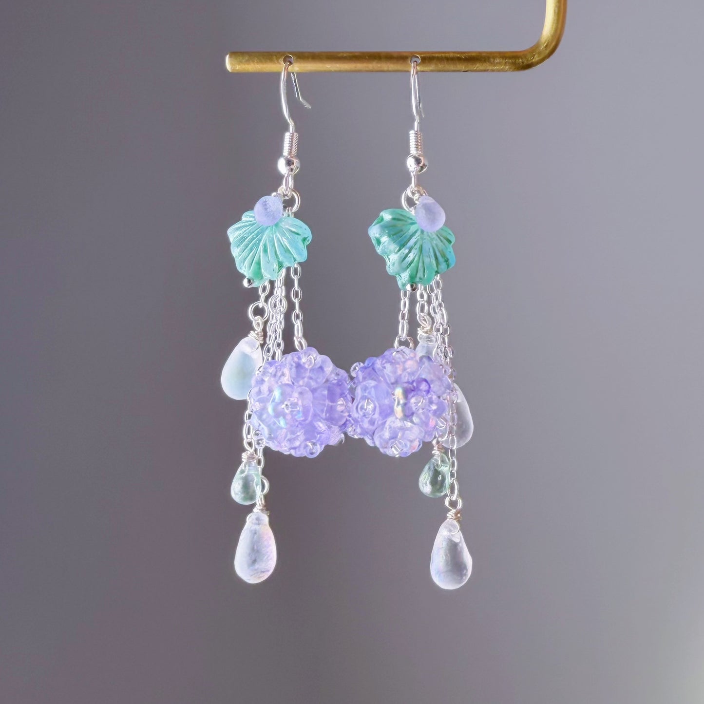 Handmade Purple Hydrangeas Flowers in Rain Silver Earrings