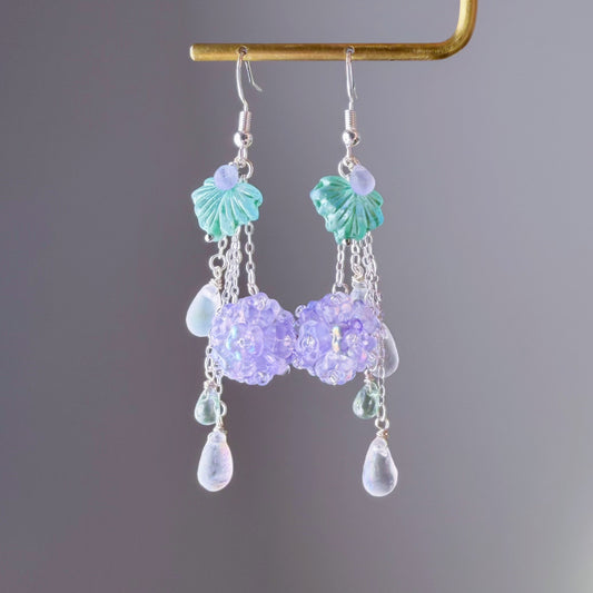 Handmade Purple Hydrangeas Flowers in Rain Silver Earrings