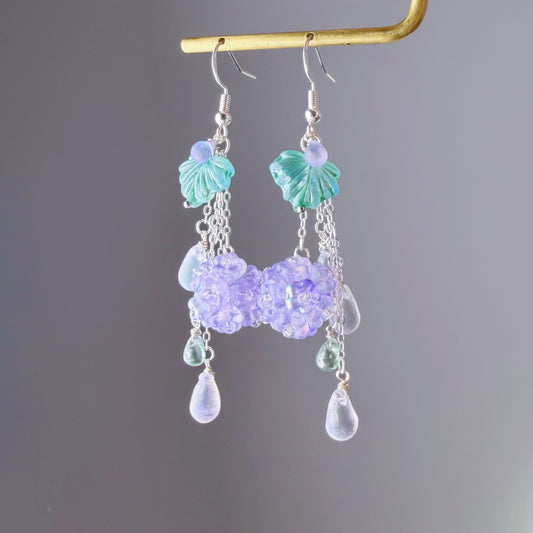 Handmade Purple Hydrangeas Flowers in Rain Silver Earrings