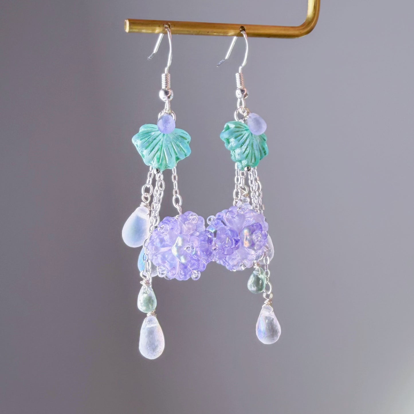 Handmade Purple Hydrangeas Flowers in Rain Silver Earrings