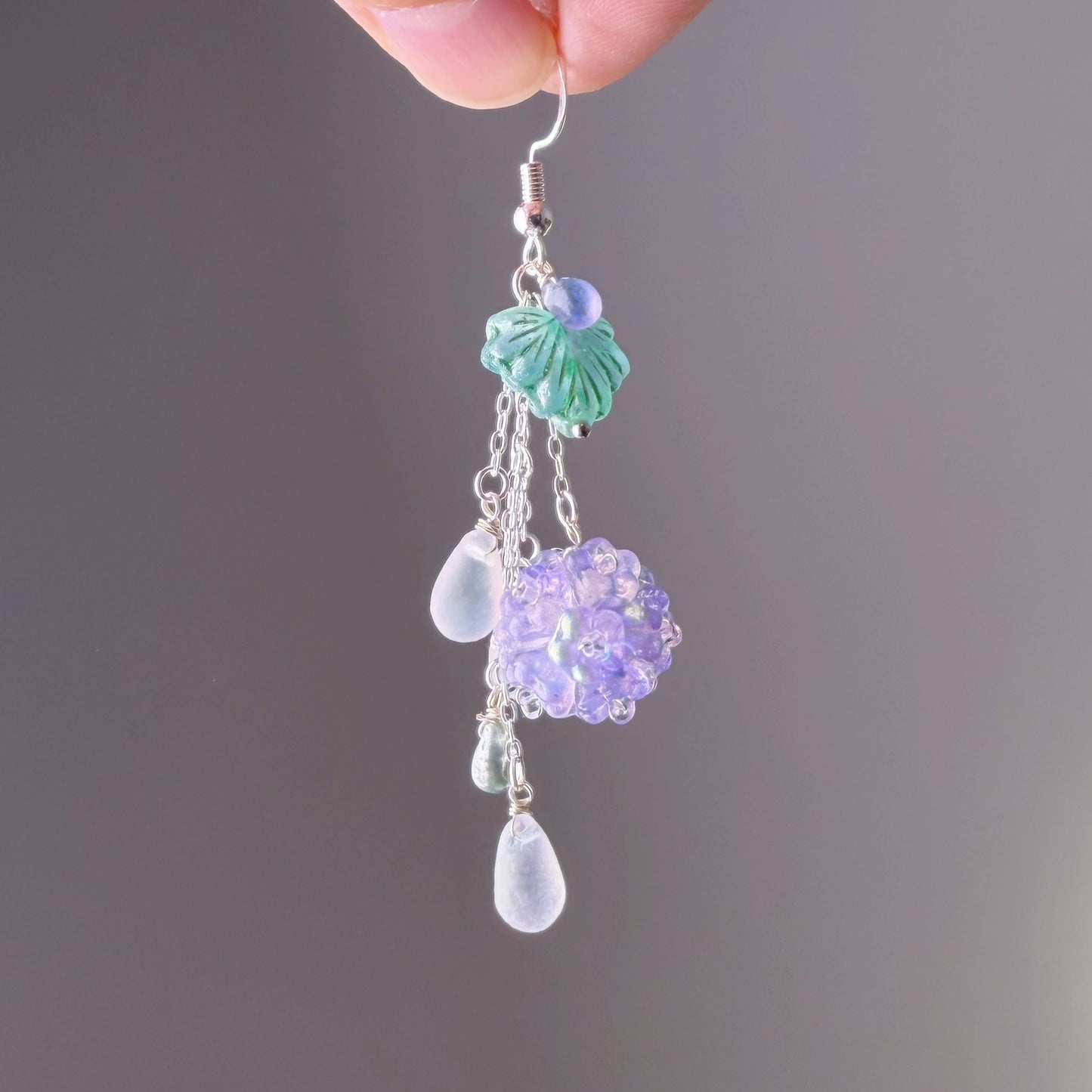 Handmade Purple Hydrangeas Flowers in Rain Silver Earrings