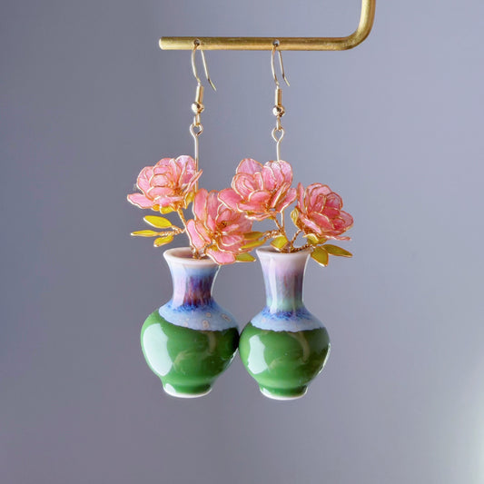 Handmade Pink Striped Roses in Ceramic Vase Earrings