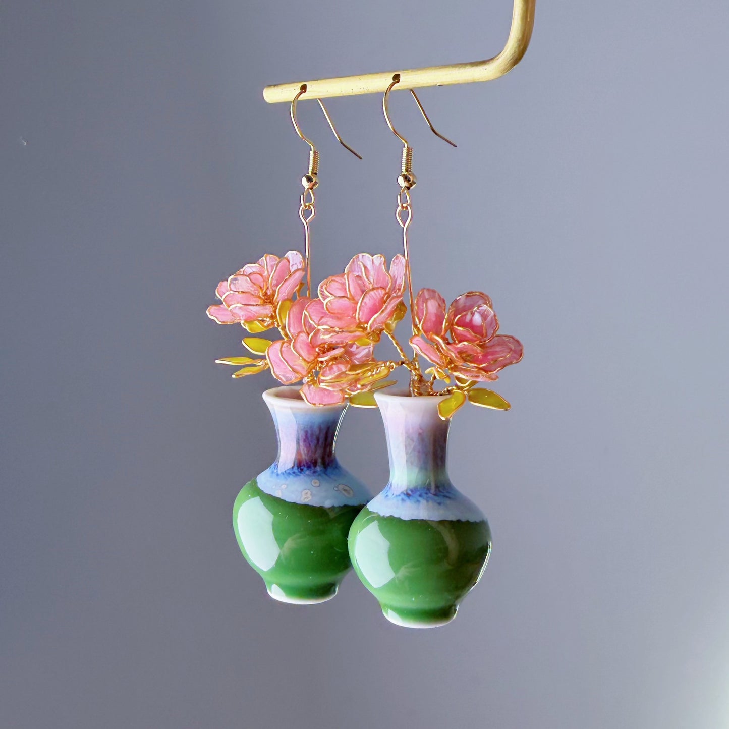 Handmade Pink Striped Roses in Ceramic Vase Earrings