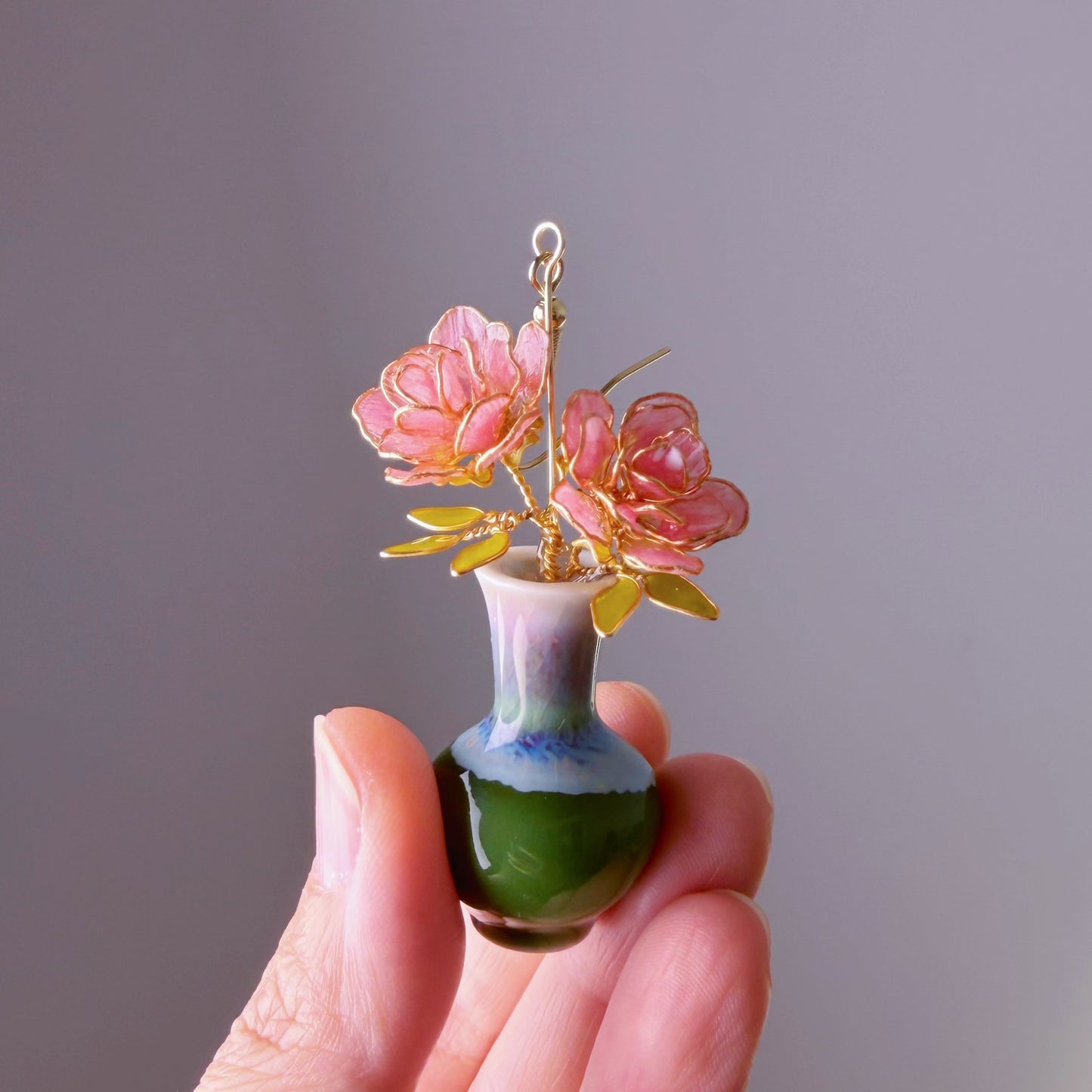 Handmade Pink Striped Roses in Ceramic Vase Earrings