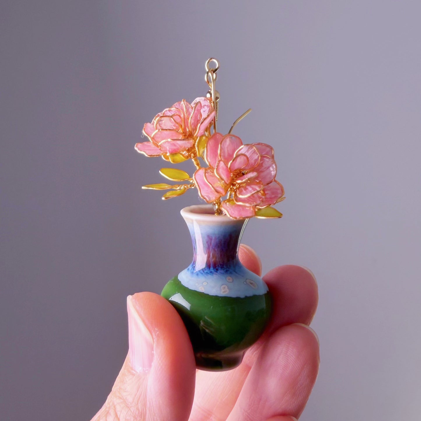 Handmade Pink Striped Roses in Ceramic Vase Earrings