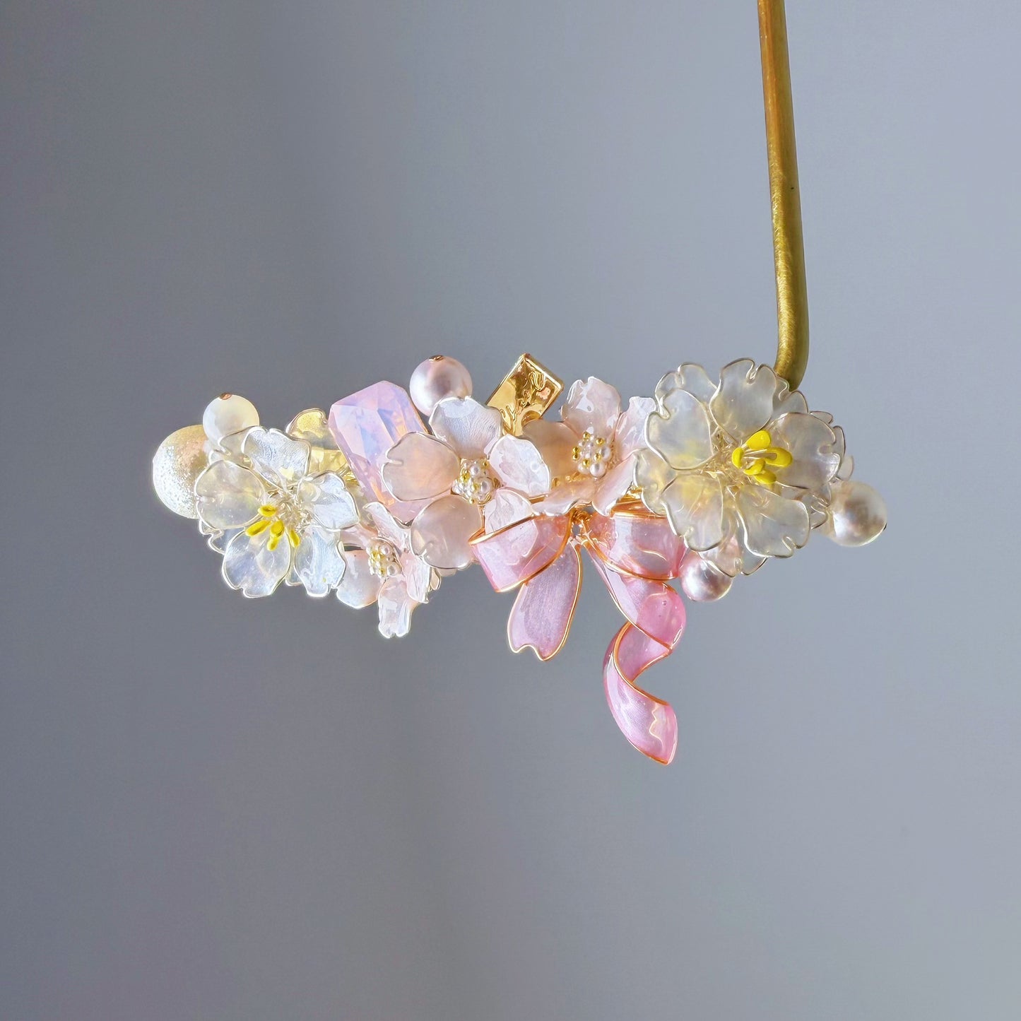 Handmade Pink Cherry Blossom Flowers Bouquet and Bow Hair Clip