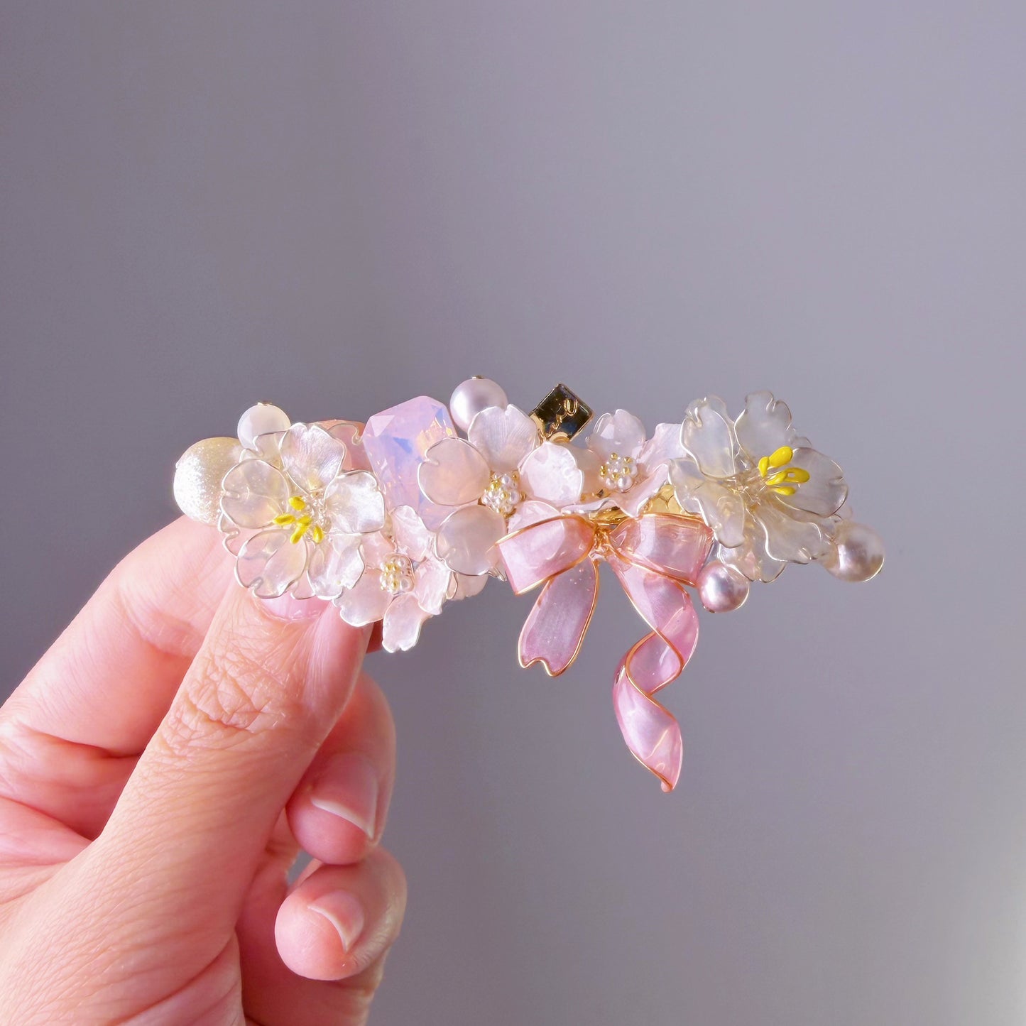 Handmade Pink Cherry Blossom Flowers Bouquet and Bow Hair Clip