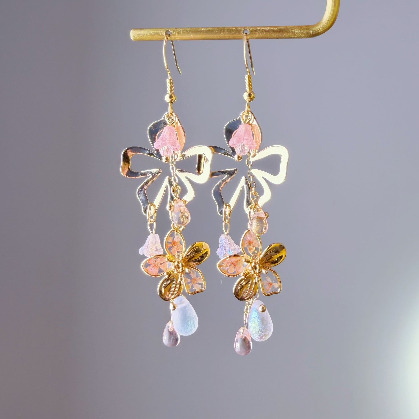 Handmade Pink Pressed Flowers Cherry Blossom Sakura Dangle Earrings