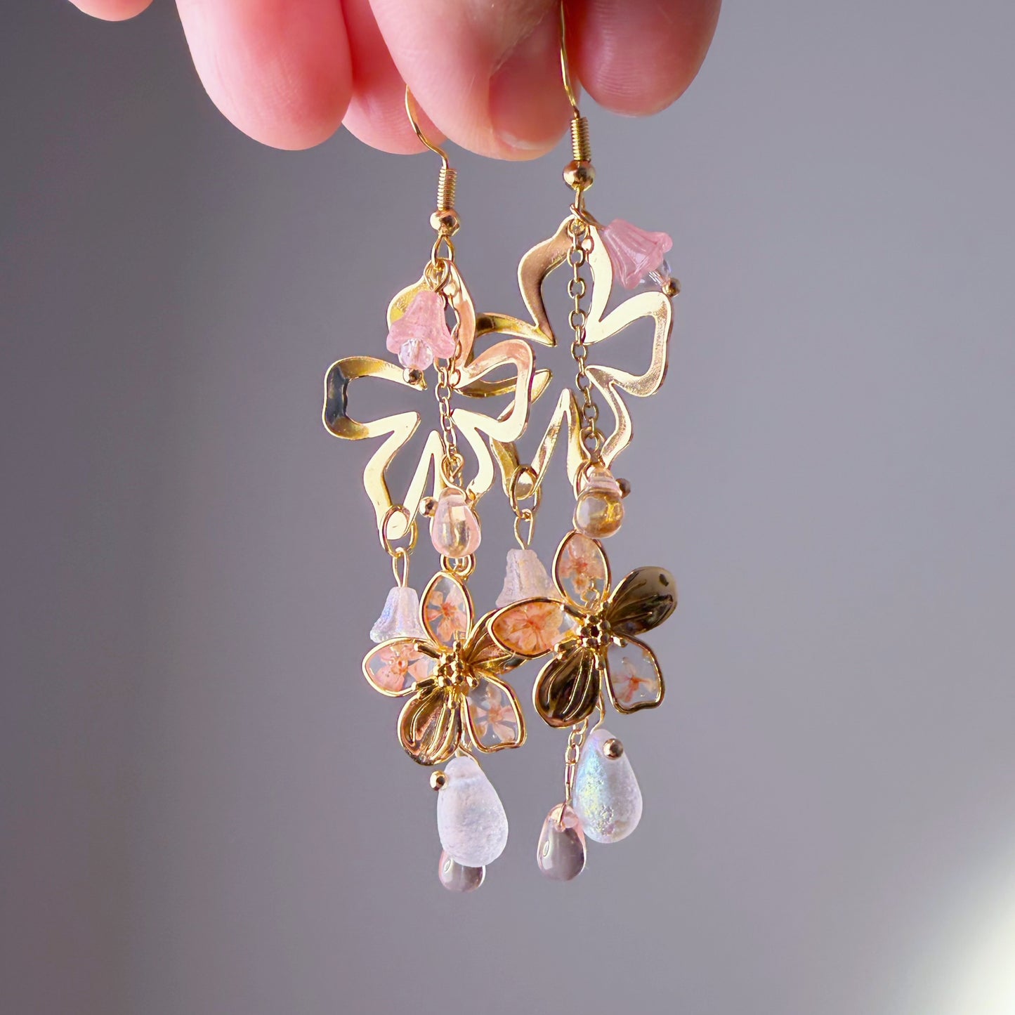 Handmade Pink Pressed Flowers Cherry Blossom Sakura Dangle Earrings