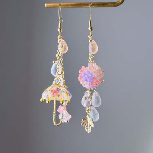 Handmade Umbrella and Pink Hydrangeas Flowers Dangle Earrings