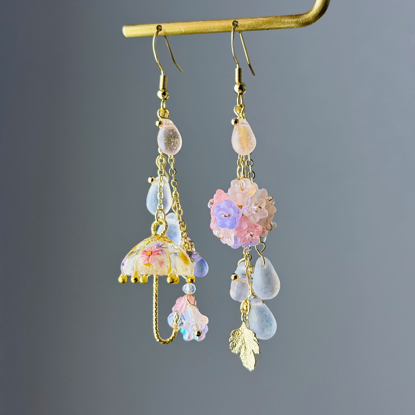 Handmade Umbrella and Pink Hydrangeas Flowers Dangle Earrings