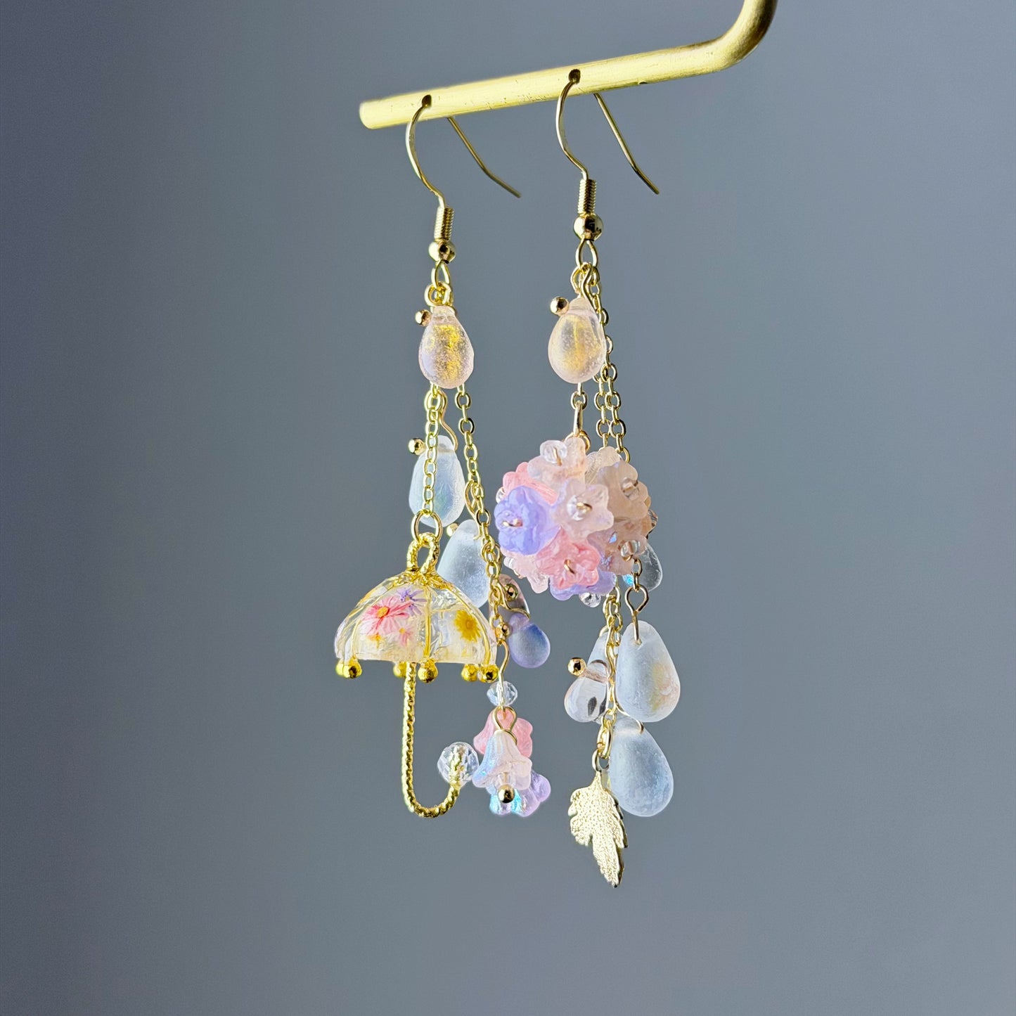 Handmade Umbrella and Pink Hydrangeas Flowers Dangle Earrings