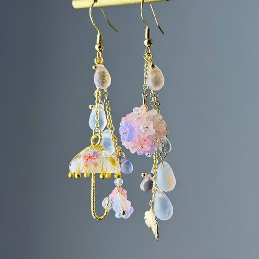 Handmade Umbrella and Pink Hydrangeas Flowers Dangle Earrings