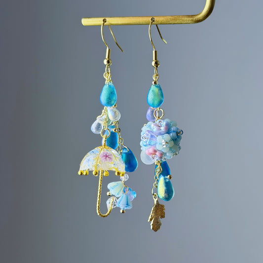 Handmade Umbrella and Blue Hydrangeas Flowers Dangle Earrings