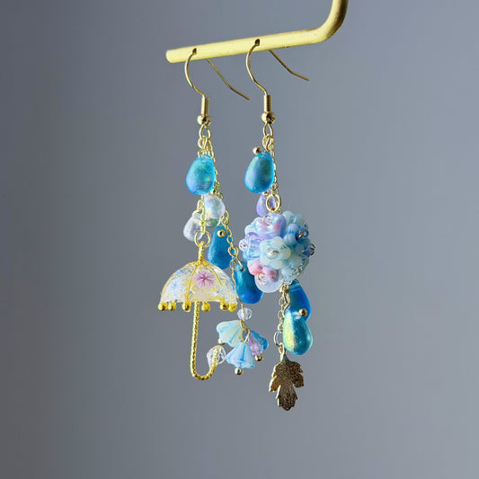Handmade Umbrella and Blue Hydrangeas Flowers Dangle Earrings