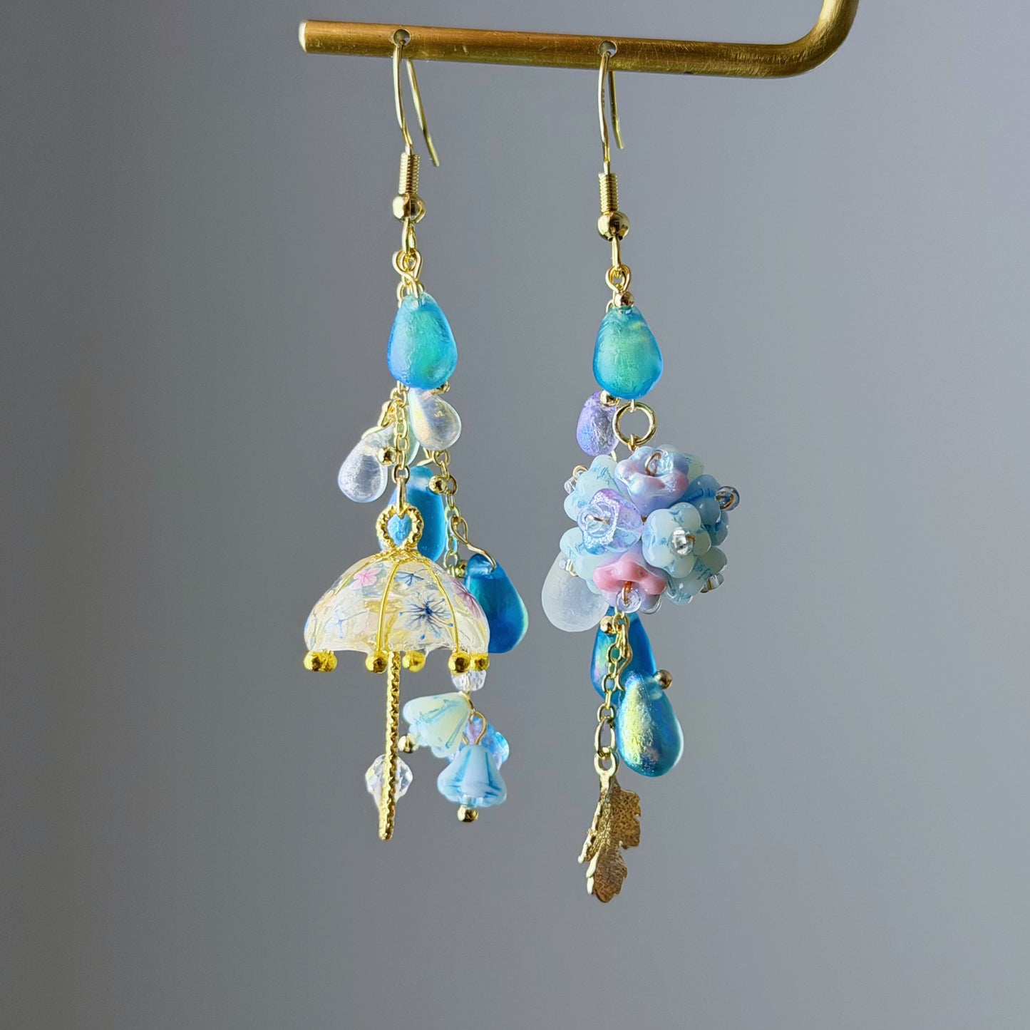 Handmade Umbrella and Blue Hydrangeas Flowers Dangle Earrings
