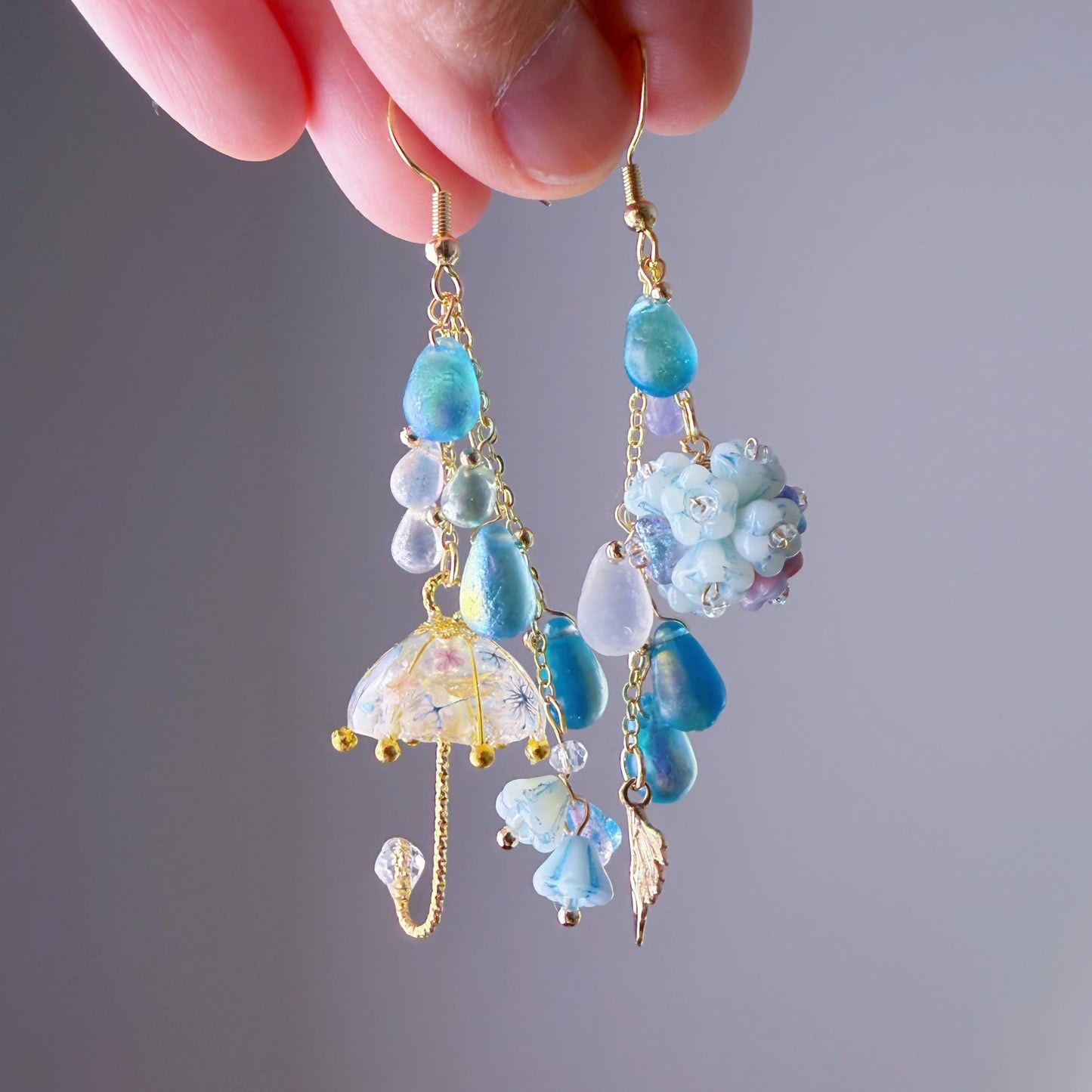 Handmade Umbrella and Blue Hydrangeas Flowers Dangle Earrings