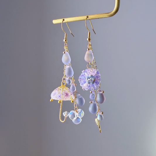 Handmade Umbrella and Purple Hydrangeas Flowers Dangle Earrings