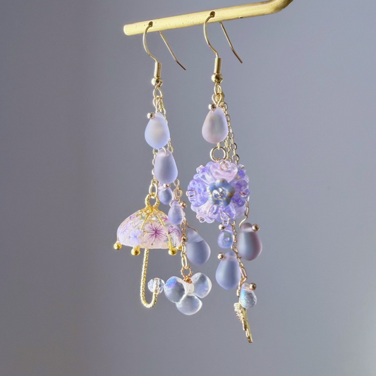 Handmade Umbrella and Purple Hydrangeas Flowers Dangle Earrings