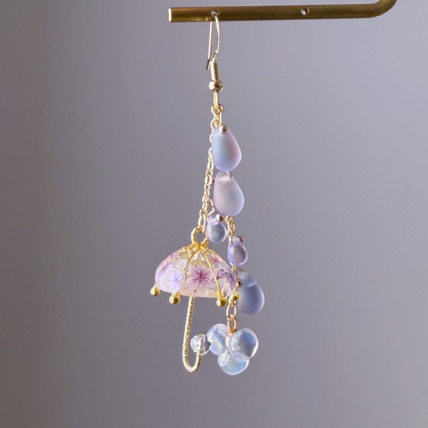 Handmade Umbrella and Purple Hydrangeas Flowers Dangle Earrings