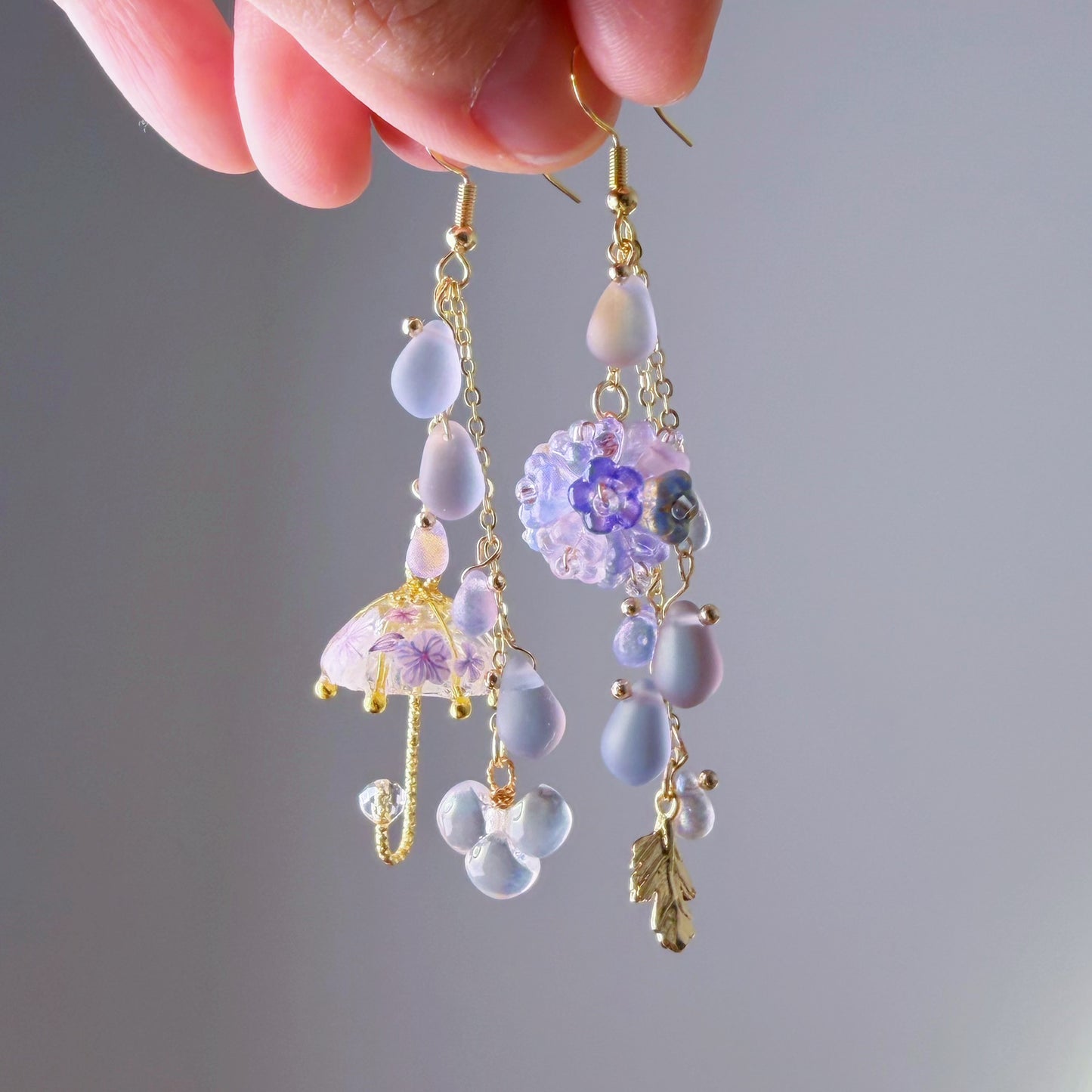 Handmade Umbrella and Purple Hydrangeas Flowers Dangle Earrings