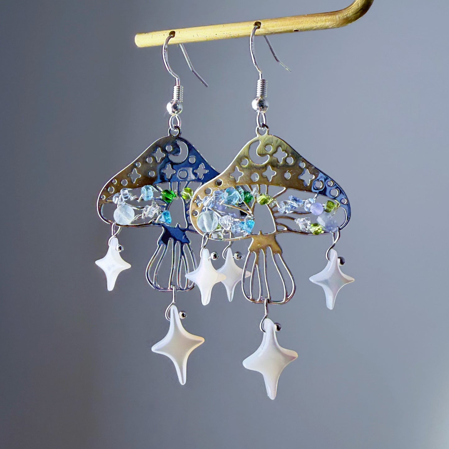 Handmade Magic Silver Mushrooms with Stars and Mini Crystal Beads Earrings