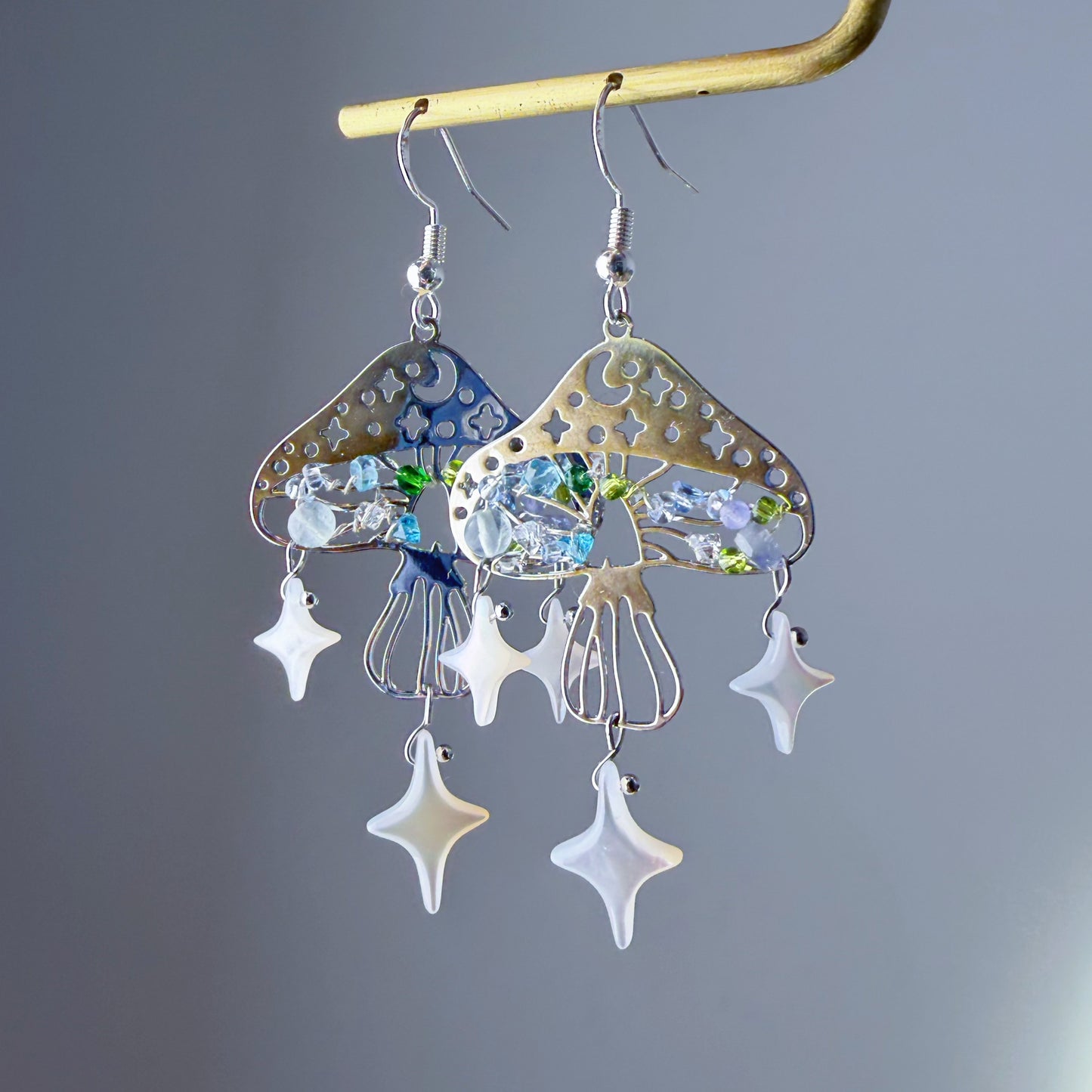 Handmade Magic Silver Mushrooms with Stars and Mini Crystal Beads Earrings