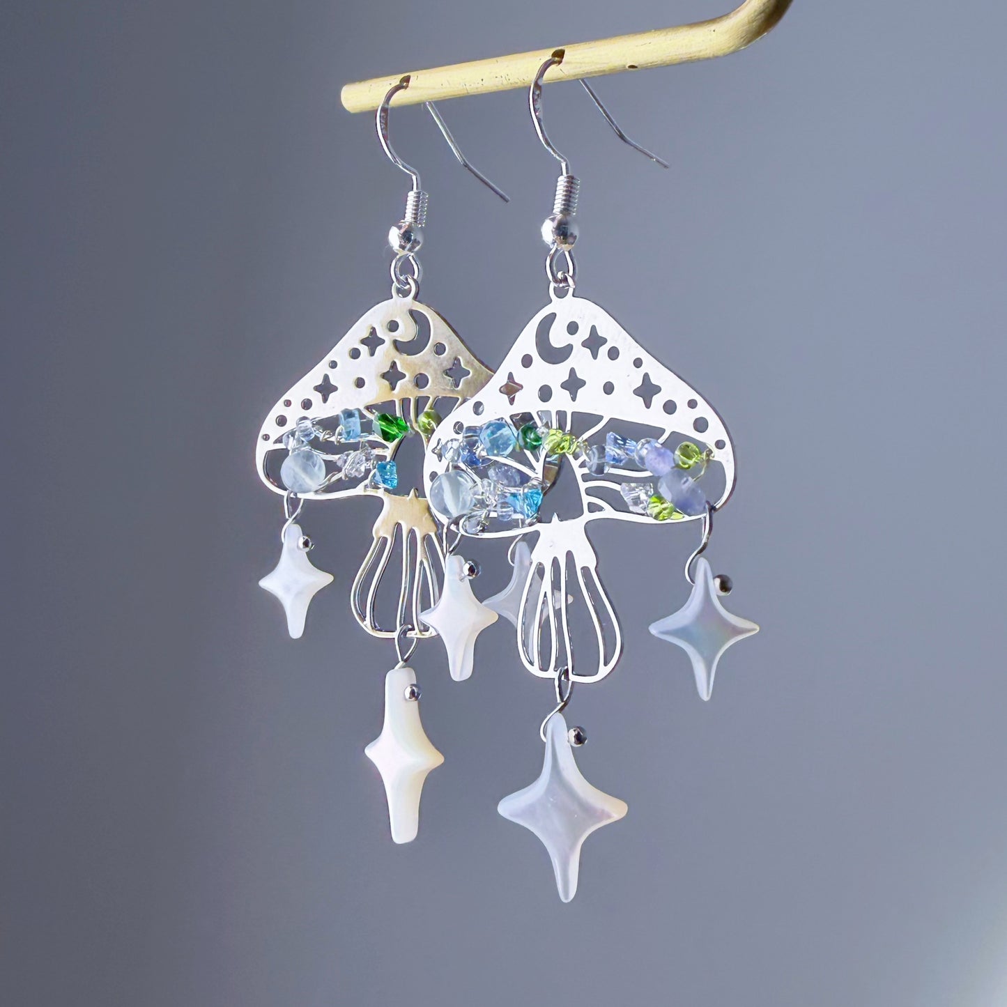Handmade Magic Silver Mushrooms with Stars and Mini Crystal Beads Earrings