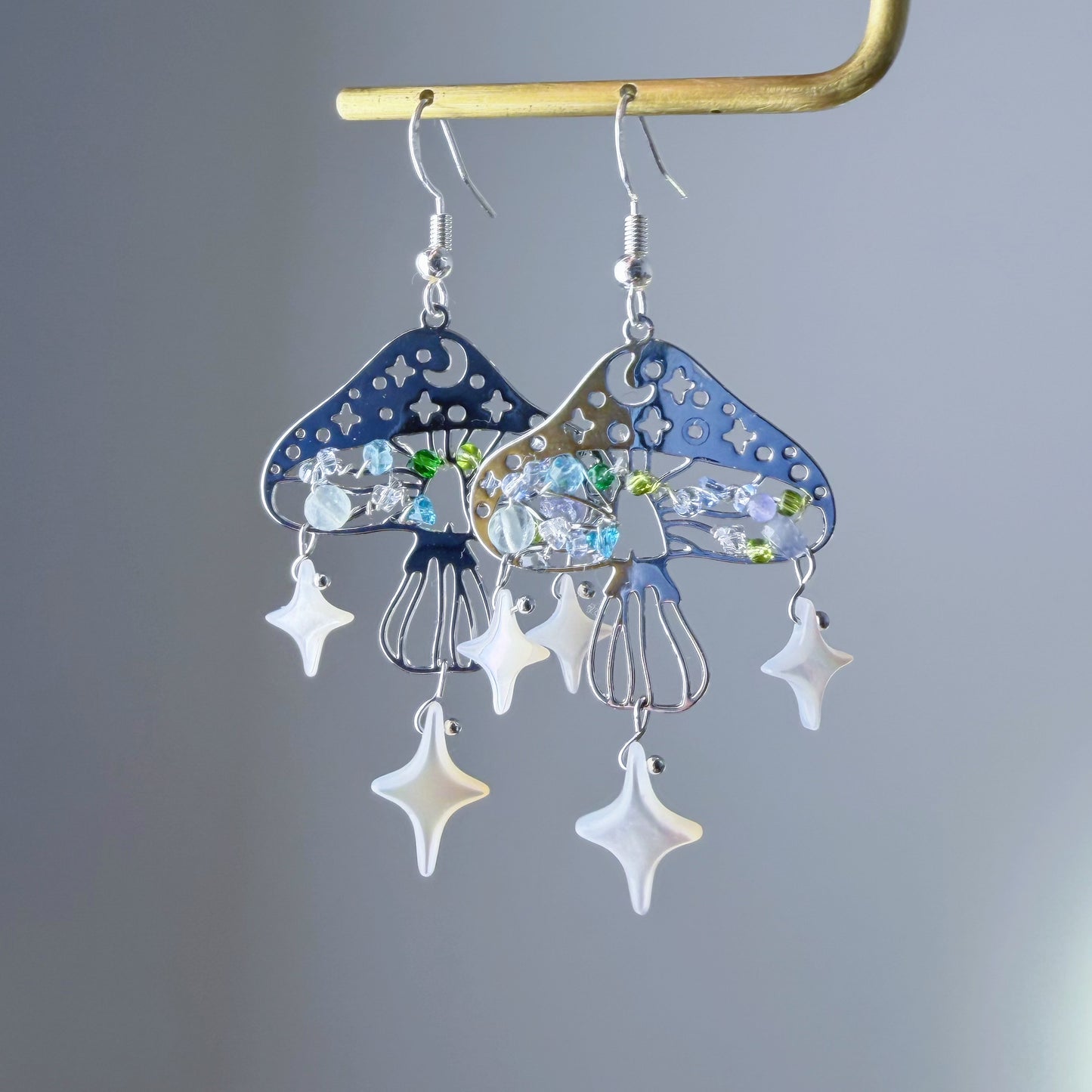 Handmade Magic Silver Mushrooms with Stars and Mini Crystal Beads Earrings