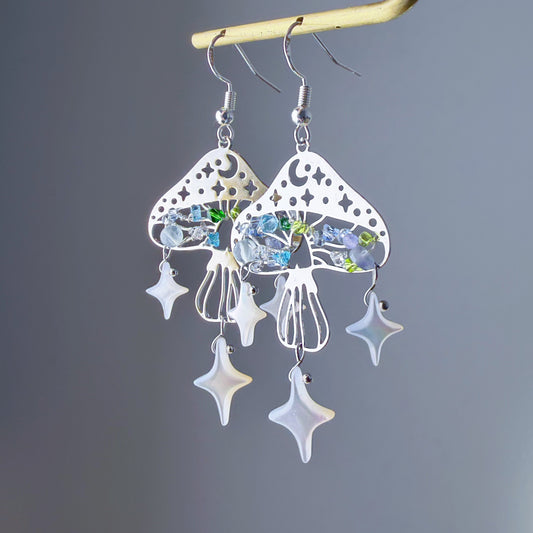 Handmade Magic Silver Mushrooms with Stars and Mini Crystal Beads Earrings