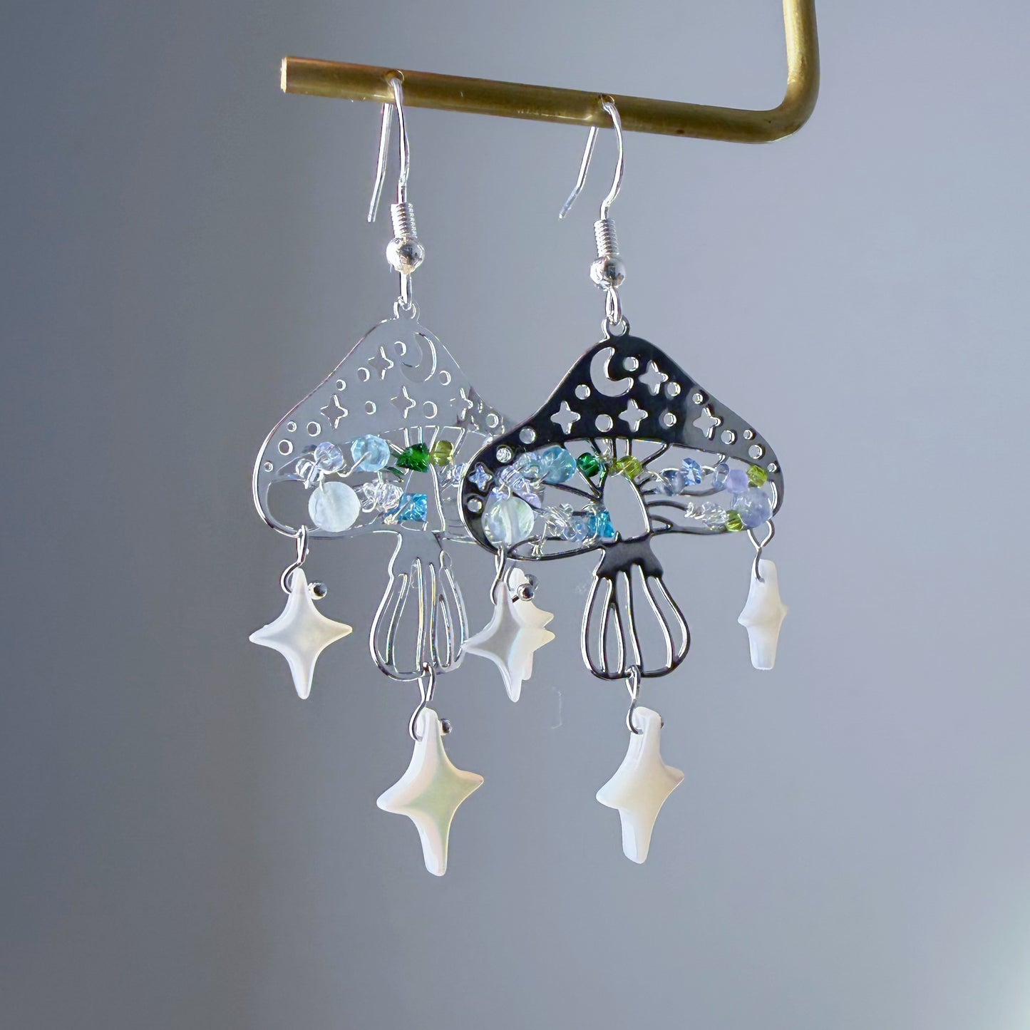 Handmade Magic Silver Mushrooms with Stars and Mini Crystal Beads Earrings