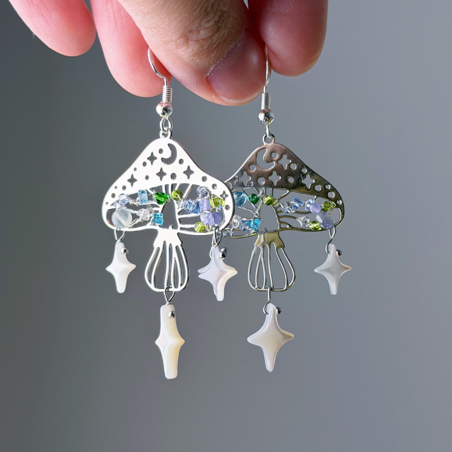 Handmade Magic Silver Mushrooms with Stars and Mini Crystal Beads Earrings