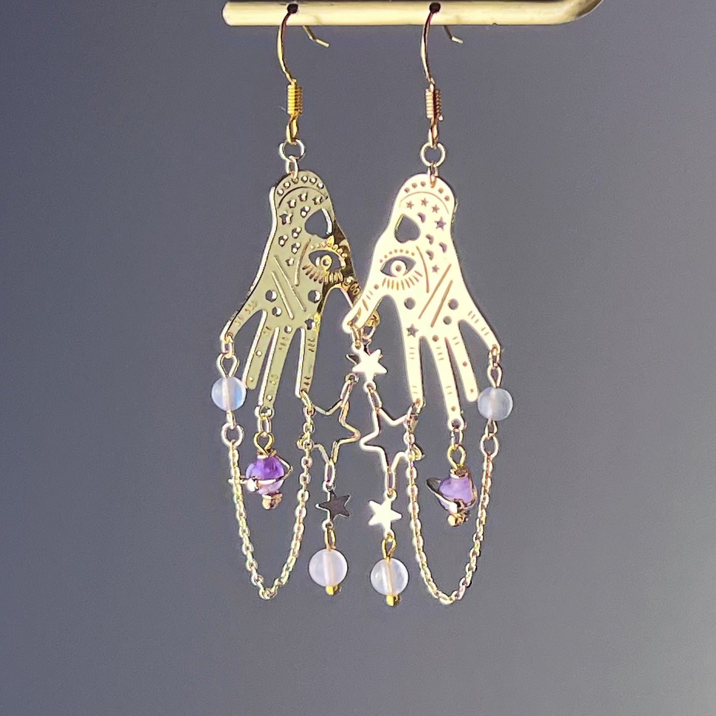 Amethyst Planet and Hand Celestial Earrings-Ninaouity