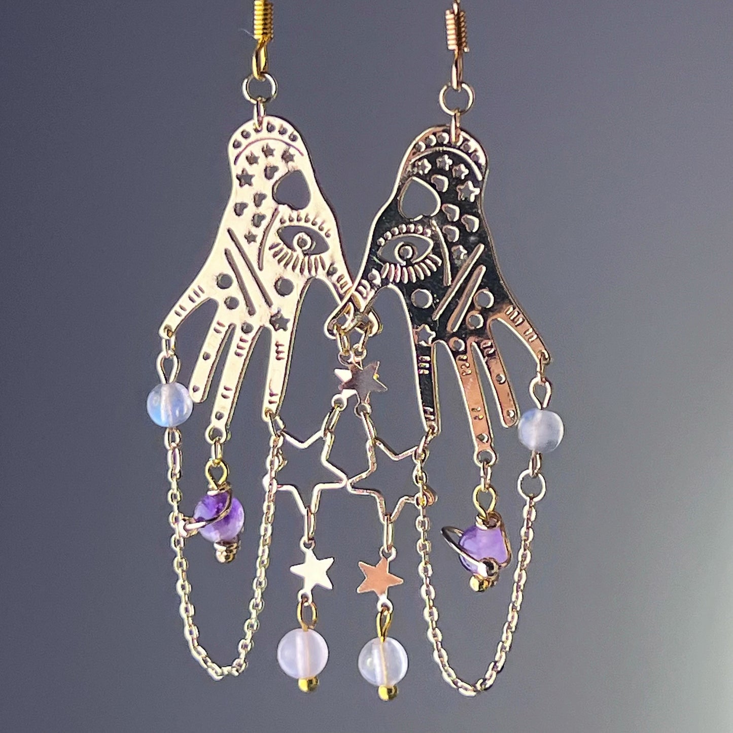 Amethyst Planet and Hand Celestial Earrings-Ninaouity