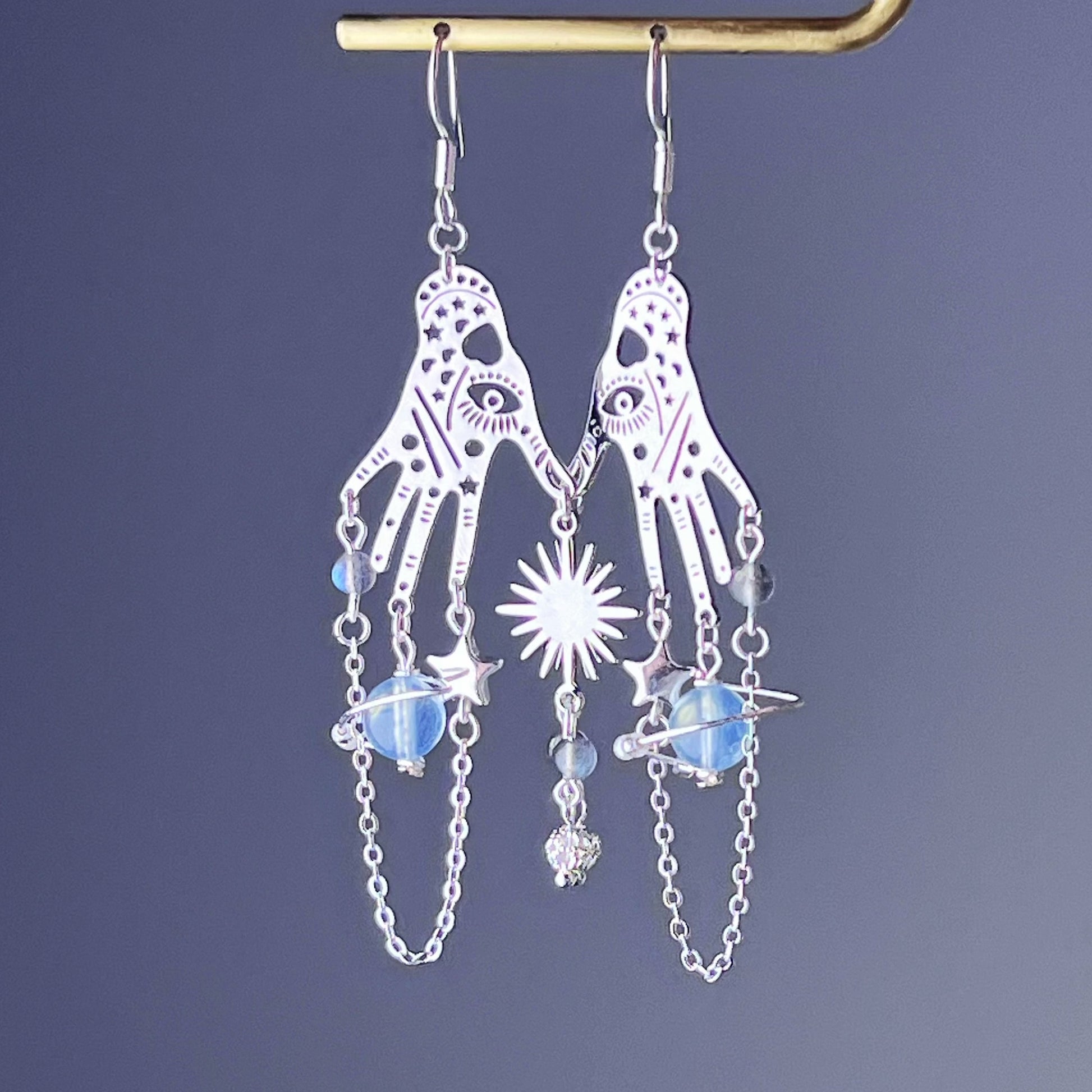 Silver Aquamarine Planet and Hand Celestial Earrings-Ninaouity