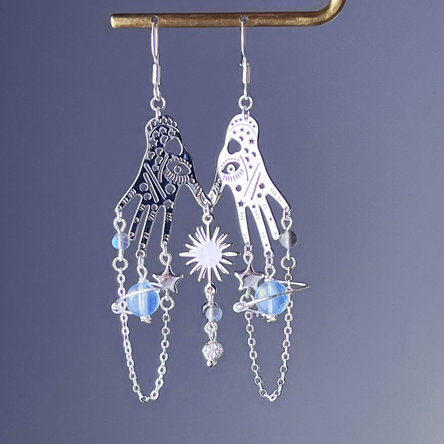 Silver Aquamarine Planet and Hand Celestial Earrings-Ninaouity