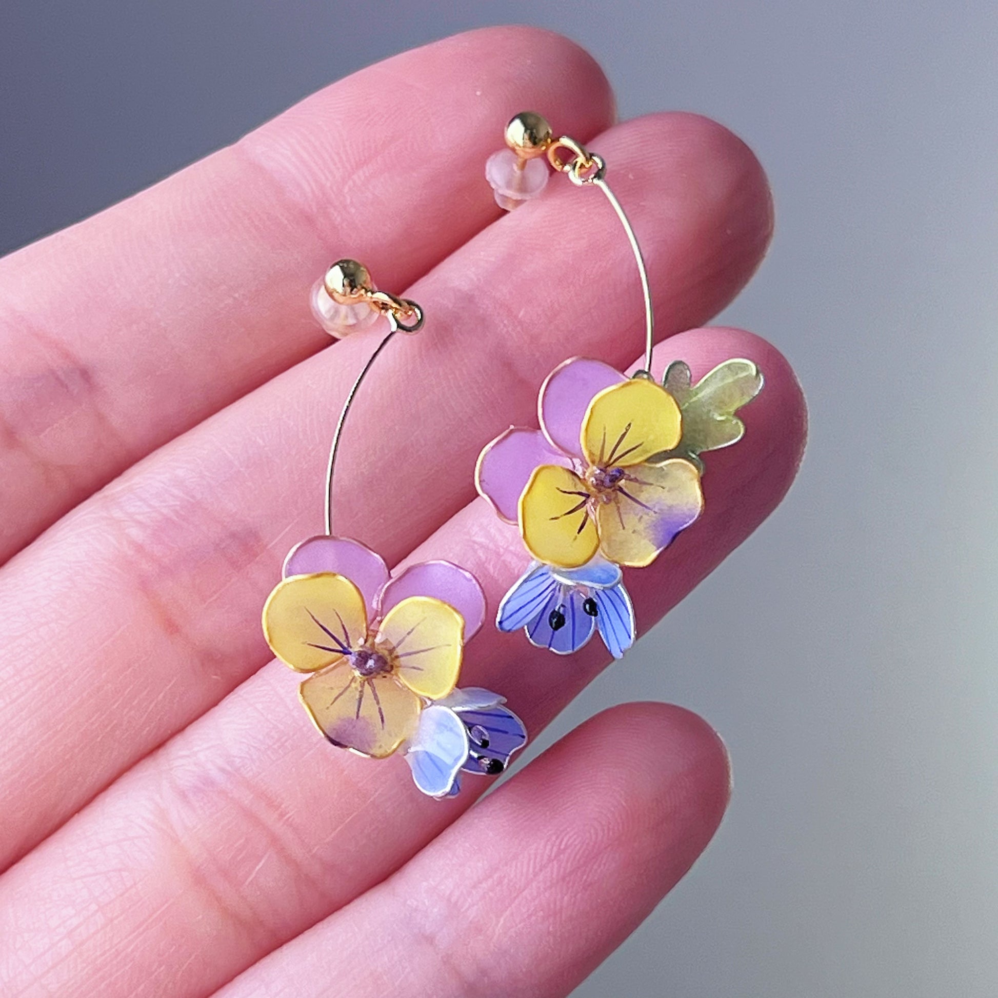 Handmade Yellow and Purple Pansy Spring Garden Flowers Earrings-Ninaouity