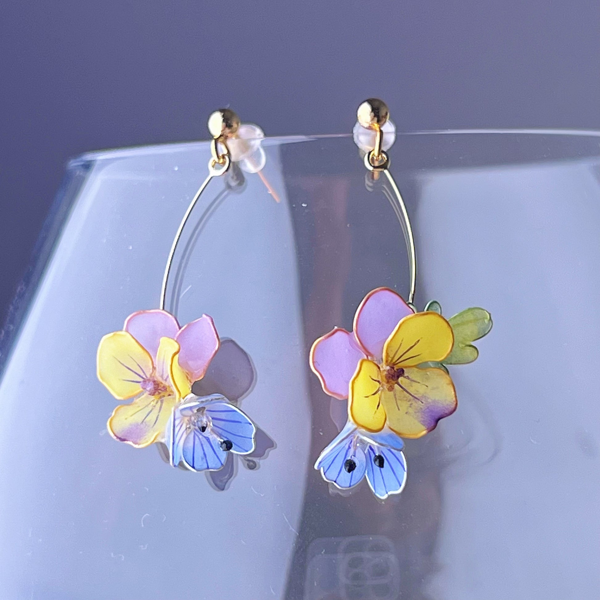 Handmade Yellow and Purple Pansy Spring Garden Flowers Earrings-Ninaouity