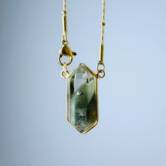Quartzberry - Natural Dark Green Phantom Quartz Crystal Necklace - One-of-a-kind