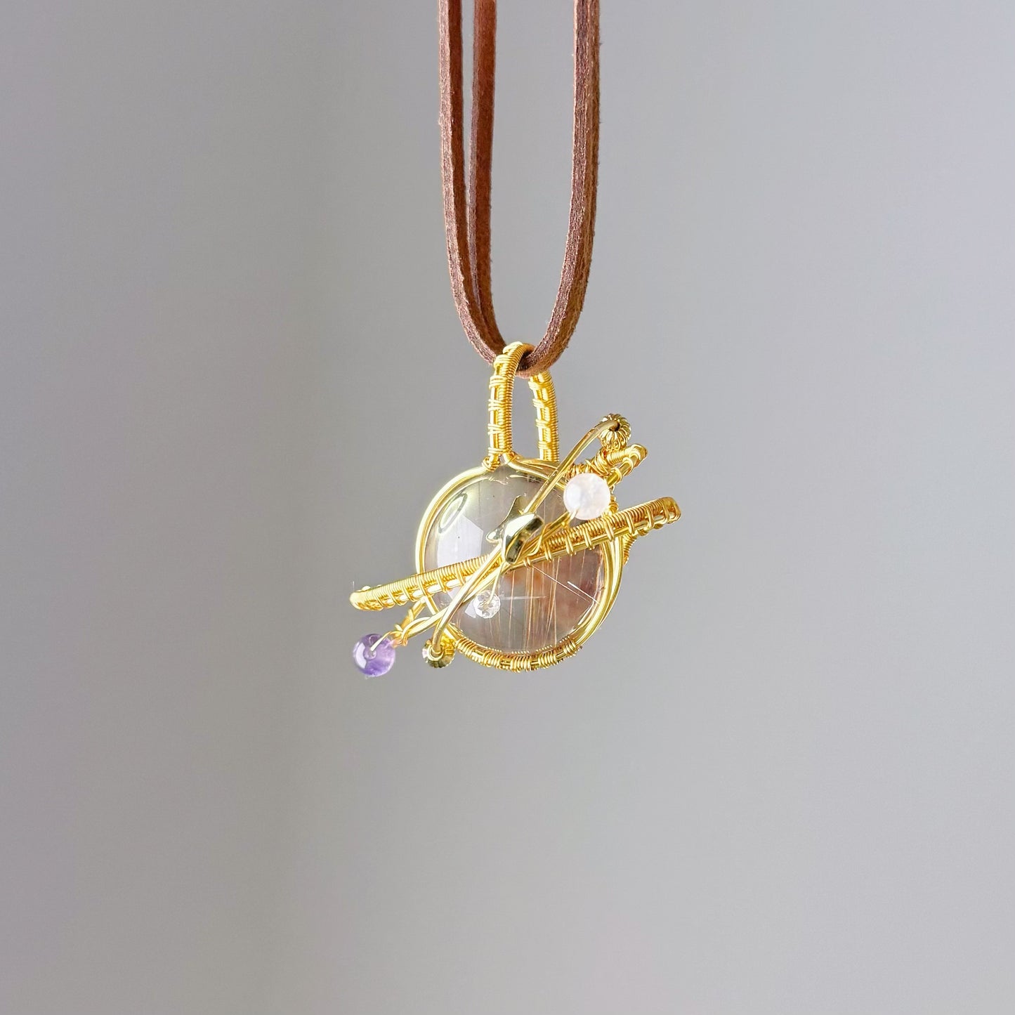 Giant Planet - Natural Rutile Quartz with Amethyst and Moonstone Crystal Planet Wire Wrapped Necklace